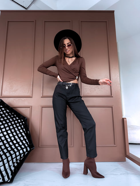 "AREA C9279-1" MOM FIT ādas imitācijas bikses - MELNAS